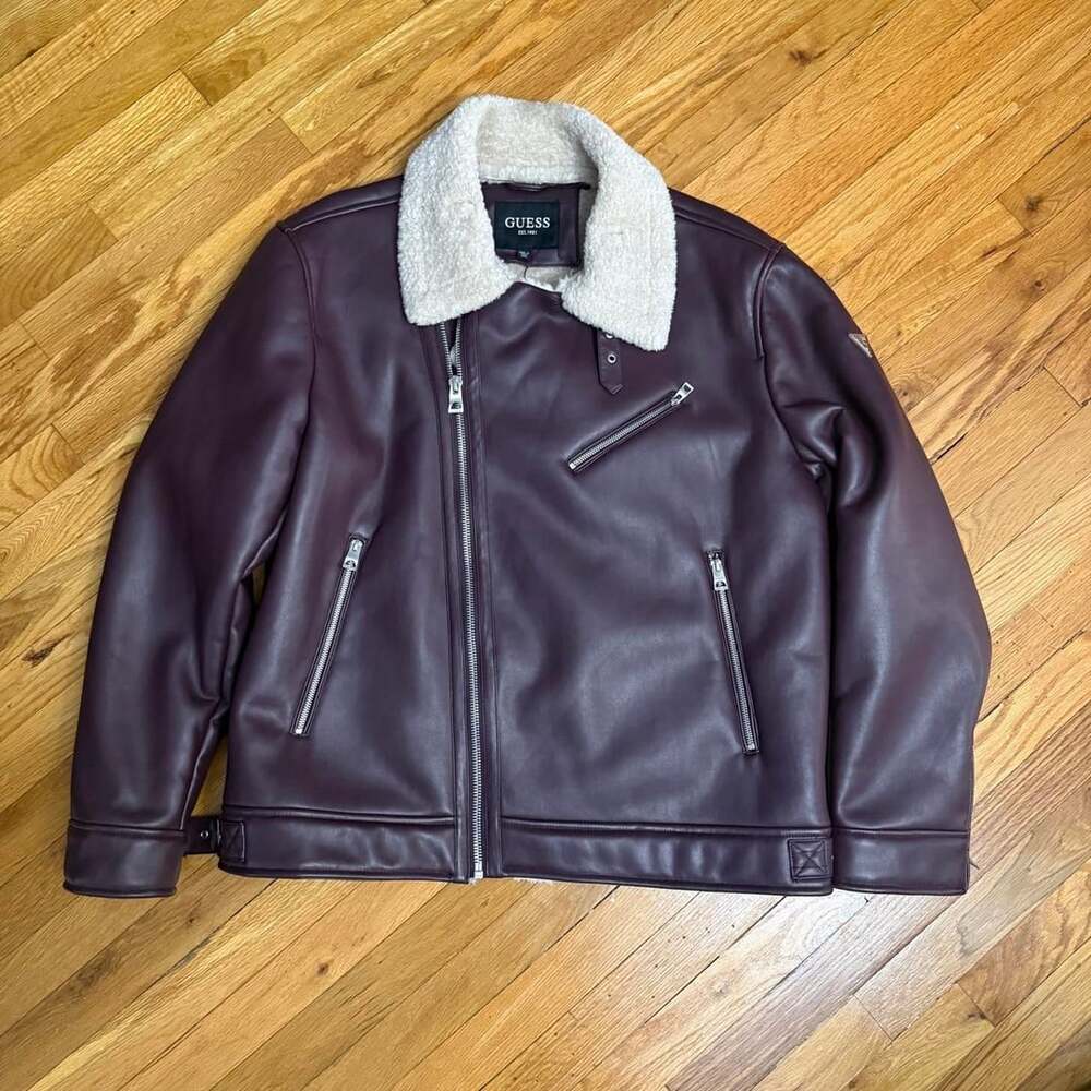 Guess Faux Leather Moto Jacket XXL Burgundy Sherpa Lined Asymmetric Zip